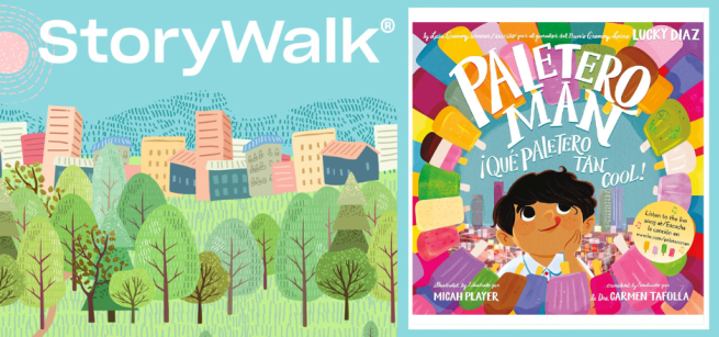 On the left is an illustrated landscape with blue sky, skyline of colorful city buildings, and green grassy space with various types of trees. On the left is the illustrated cover of a book with colorful squares of popsicles creating a circle with the image of a boy with short dark hair in the center and a background of blue sky and a skyline of buildings.