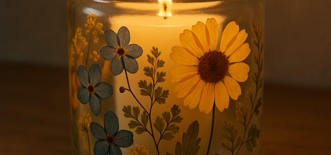 pressed flower on a jar with candle