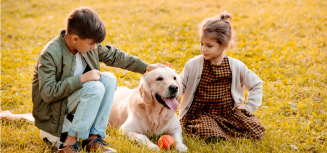 a dog with two kids