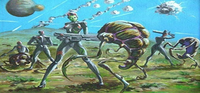 Sci-fi creatures holding weapons