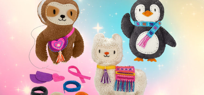 Sloth, lama, and penguin stuffed animal with sewing materials.