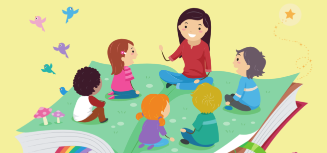 illustration of storytime on an open book