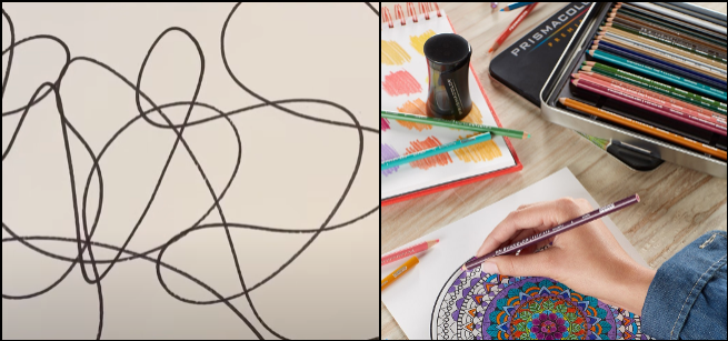 half of image is a zentangle frame, the other half is a hand coloring a sheet with a tableful of coloring pencils around