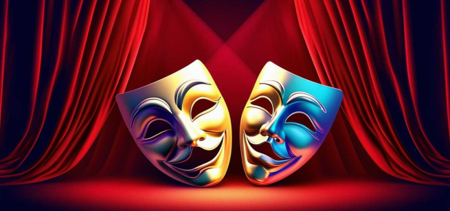 theater faces surrounded by red stage curtains