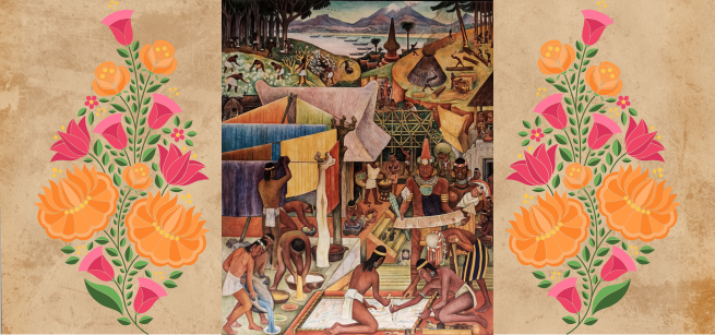 La Industria del Maguey y el Amate by Diego Rivera on a paper background with floral graphics.