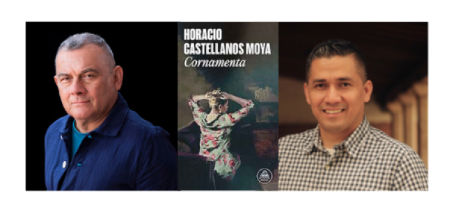 Headshots of Horacio Castellanos Moya and Soudi Jiménez and the cover of the book Cornamenta