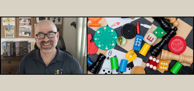 a photo of chris o'neil next to a photo of board game pieces