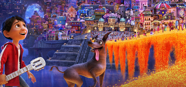 Boy holding guitar and a dog walk toward a city of lights