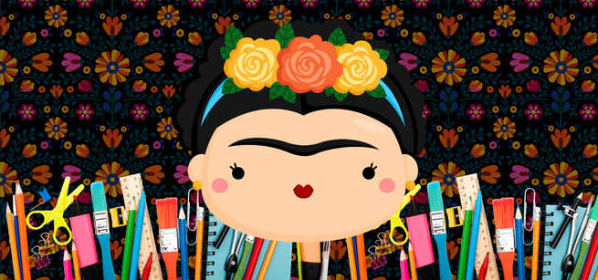 Spanish tile background with art apllies on the bottom of the photo and a cartoon image of Frida Kahlo