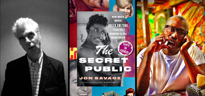 The cover of The Secret Public, which shows a collage of musicians and artists and prominently features Little Richard. The cover is flanked by a grainy black and white photo of Jon Savage in a suit, and Brontez Purell against a colorful mutual.