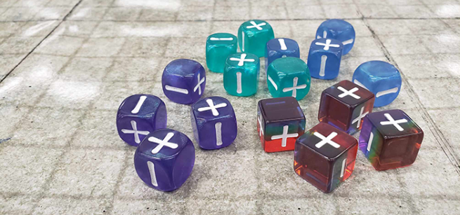 large colorful dice on a tabletop