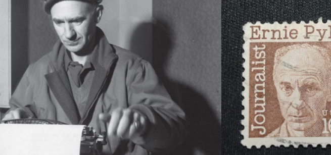 Photos of Ernie Pyle at typewriter and Ernie Pyle stamp