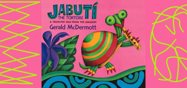 Book cover Jabuti the Tortoise by Gerald McDermott a tortoise playing a flute standing on brightly colored leaves against a pink background