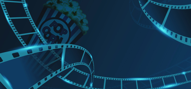 film reels on dark blue back ground with a box of popcorn