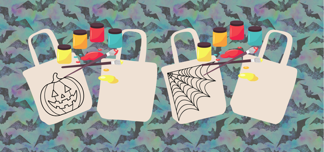 tote bags with Halloween designs and art supplies on a blue background with bats 