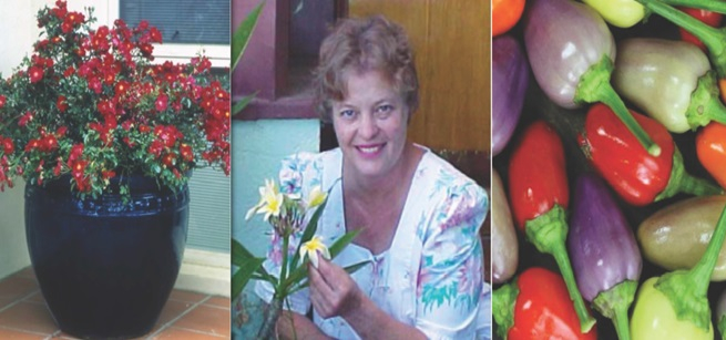 Flowers, vegetables and a woman holding flowers