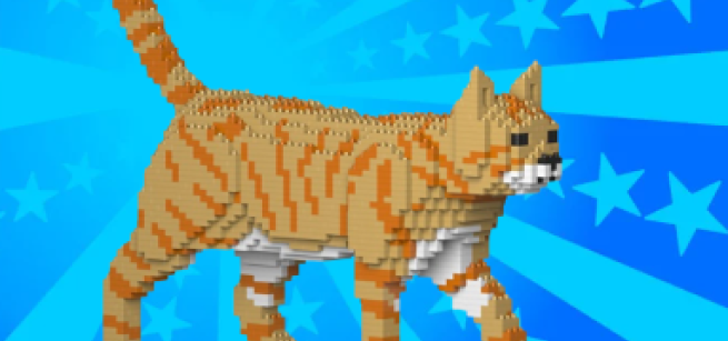 Cat built out of Legos walking with blue stars and stripes in background.
