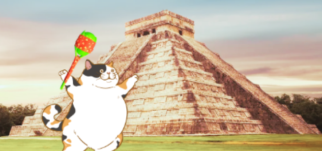 Cat shaking a maraca in front of the Chichen Itza pyramid.