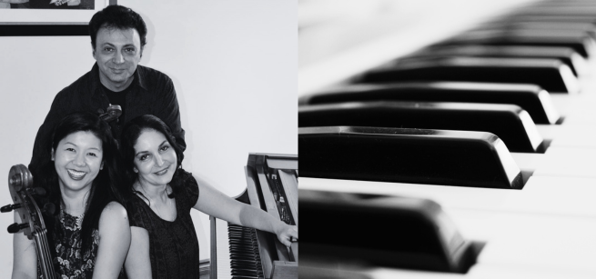 two pictures: one has three members of the elixir trio in front of a piano; the second is a close up of a piano, all in black and white