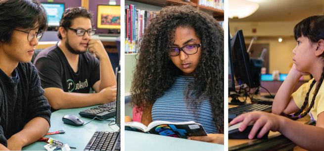 Three framed picture: first frame are two older teens working on a desktop, second frame is an image of a teenage girl reading, and the last image is of a young boy working on a computer.
