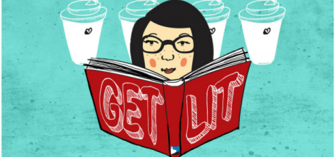 Illustration of a person with short black hair and glasses holding a book that says "get lit." Coffee cups behind her.