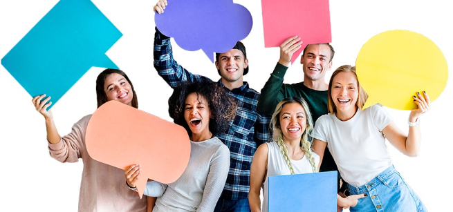 Six young people stand in a group against a white background. They are smiling and holding large thought bubbles of different colors.