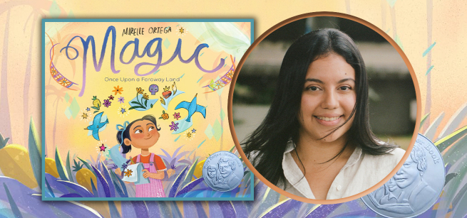 a photo of Mirelle Ortega with her book cover