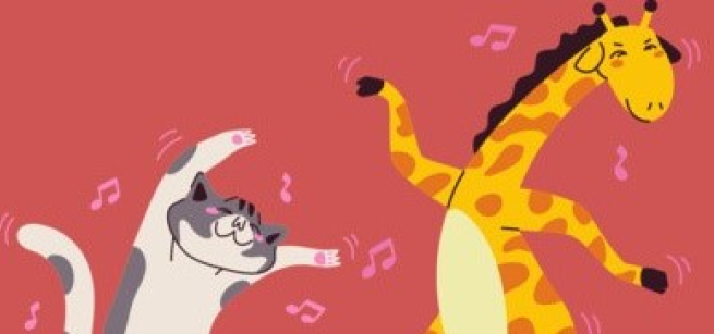 illustration of a giraffe and a cat dancing