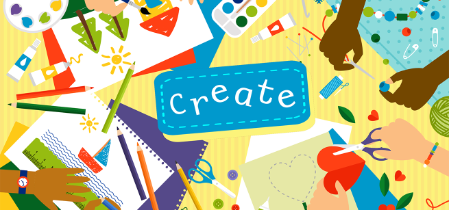 Image of various art supplies with the word "create" at the center. 