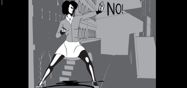 black and white graphic of woman punching 