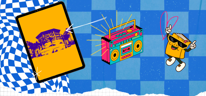 Collage with a boombox and a book wearing glasses.