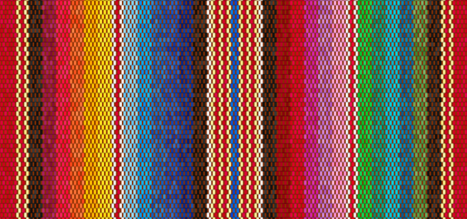 Colorful serape pattern with vertical stripes of red, yellow, blue, pink, and green. Each stripe features a smaller geometric motif creating a vibrant, lively tone.