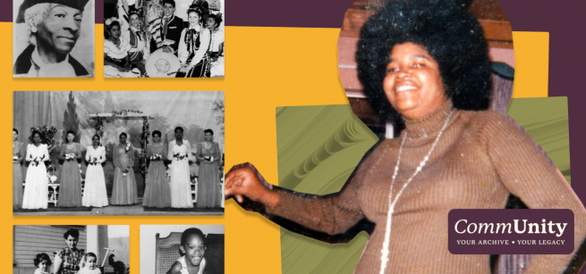 Collage of an African American woman and black and white photographs against a deep yellow, plum, and green background.