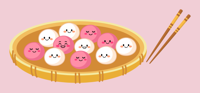 Smiling cartoon dumplings on a platter with chopsticks.