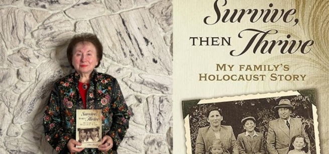 Author Clare Bursky holding her book