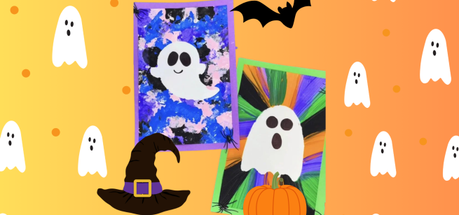 two paintings of ghost on multi-colored paper, which a black bat, black witch hat and orange and green cartoonish pumpkin with white ghosts in the background which is a a yellow to orange left to right gradient. 