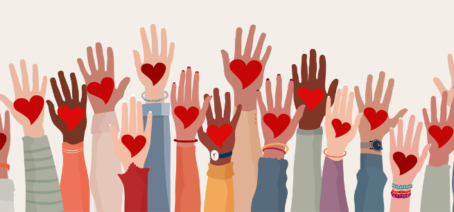 graphic with hands and red hearts