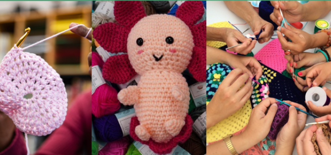 crochet samples and hands doing crochet