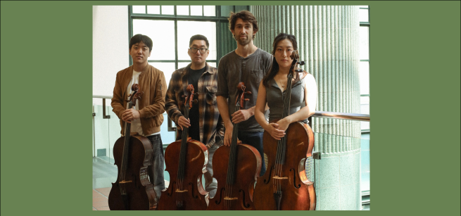 Four cello players with their instruments
