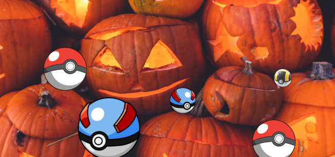 Various pokeballs from the Pokemon franchise rest among a field of Jack-o-lanterns with glowing eyes