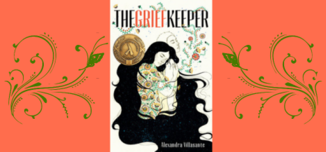 The Grief Keeper book cover in center, flanked by orange panels with green vines