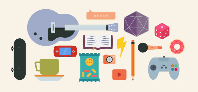 Clipart of various items like a guitar, skateboard, game controller, book, snacks, and beverages