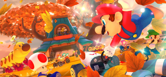 Mario character racing Toad.