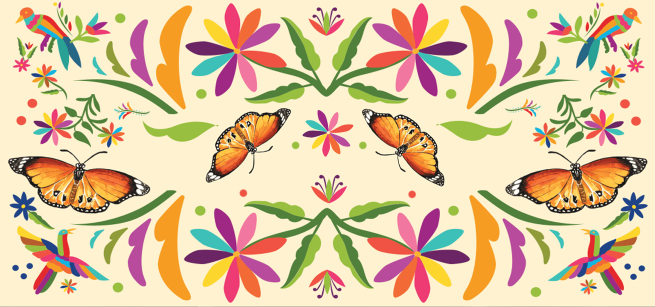 colorful graphic with flowers and butterflies