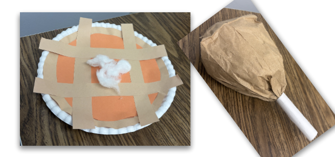 A paper pie and a paper turkey leg