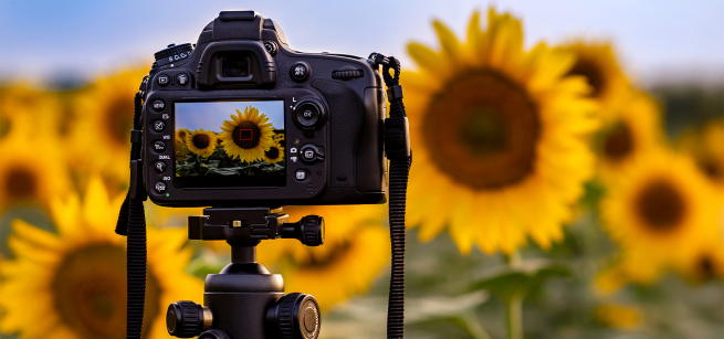 A digital camera in front of a field of sunflowers.