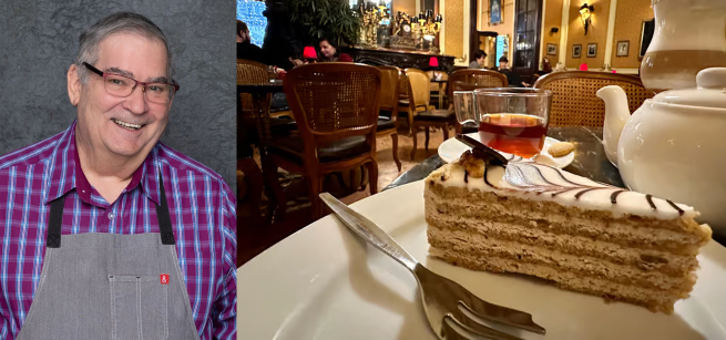 Portrait of Rick Rodgersnext to a Viennese pastery