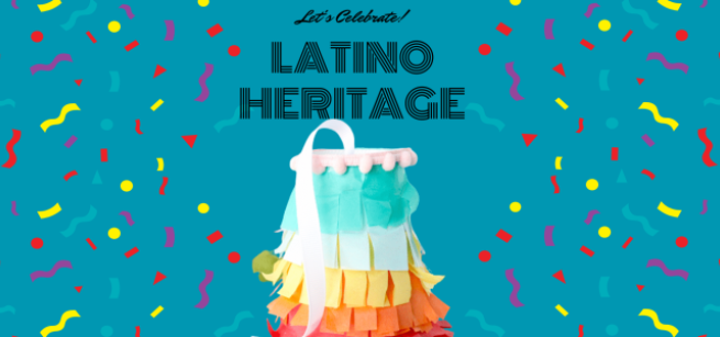 Blue page with colorful confetti all around, in the middle the words "Let's Celebrate! LATINO HERITAGE MONTH" with a colorful piñata underneath