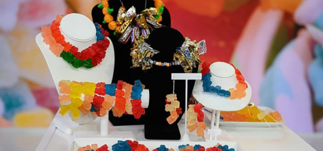 necklace, bracelets, and earings made out of different varieties of candy.