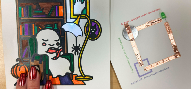 A ghost illustration is being pressed to reveal a light up component beside an example of the circuitry beside it.